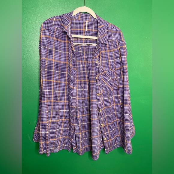 Free People Break My Stride Cotton Gauze Oversized Purple & Gold Button Down L - Picture 4 of 12